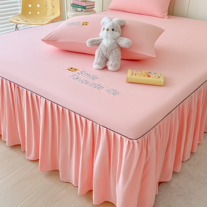 91家纺网 家纺一手货源 找家纺 笠裙家纺 2025新款110克微笑款单床裙轻奢款单床裙简约单床裙绣花单床裙 微笑-胭脂粉