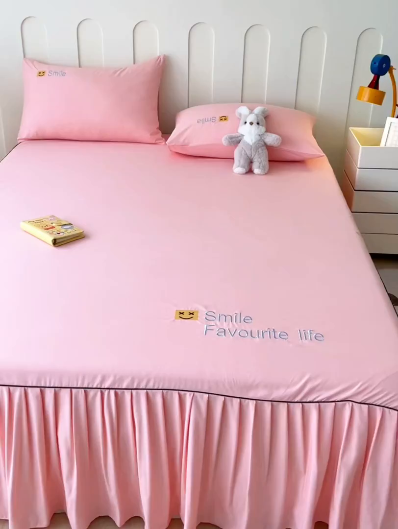 91家纺网 家纺一手货源 找家纺 笠裙家纺 2025新款110克微笑款单床裙轻奢款单床裙简约单床裙绣花单床裙 微笑-胭脂粉