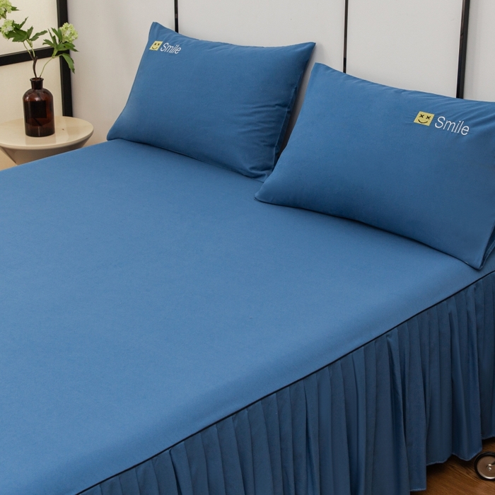 91家纺网 家纺一手货源 找家纺 笠裙家纺 2025新款110克微笑款单床裙轻奢款单床裙简约单床裙绣花单床裙 微笑-宝石蓝