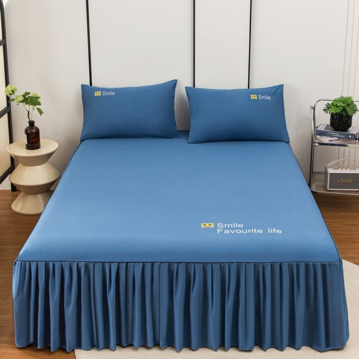 91家纺网 家纺一手货源 找家纺 笠裙家纺 2025新款110克微笑款单床裙轻奢款单床裙简约单床裙绣花单床裙 微笑-宝石蓝