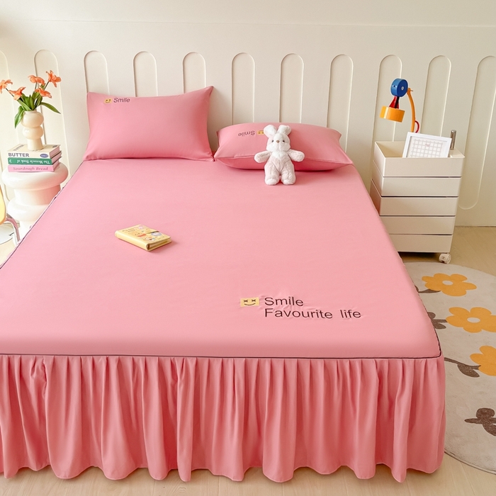 91家纺网 家纺一手货源 找家纺 笠裙家纺 2025新款110克微笑款单床裙轻奢款单床裙简约单床裙绣花单床裙 微笑-豆沙