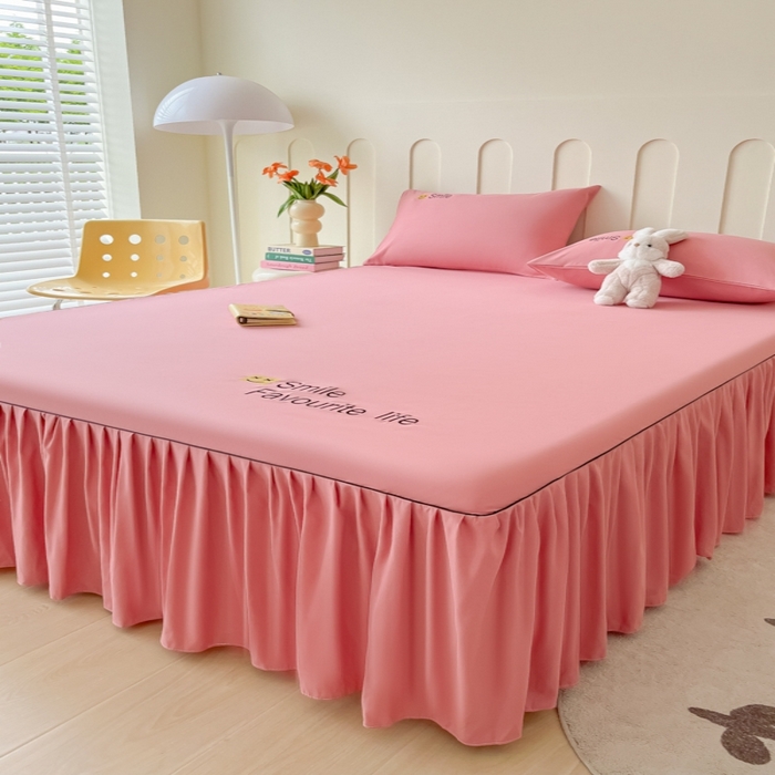 91家纺网 家纺一手货源 找家纺 笠裙家纺 2025新款110克微笑款单床裙轻奢款单床裙简约单床裙绣花单床裙 微笑-豆沙