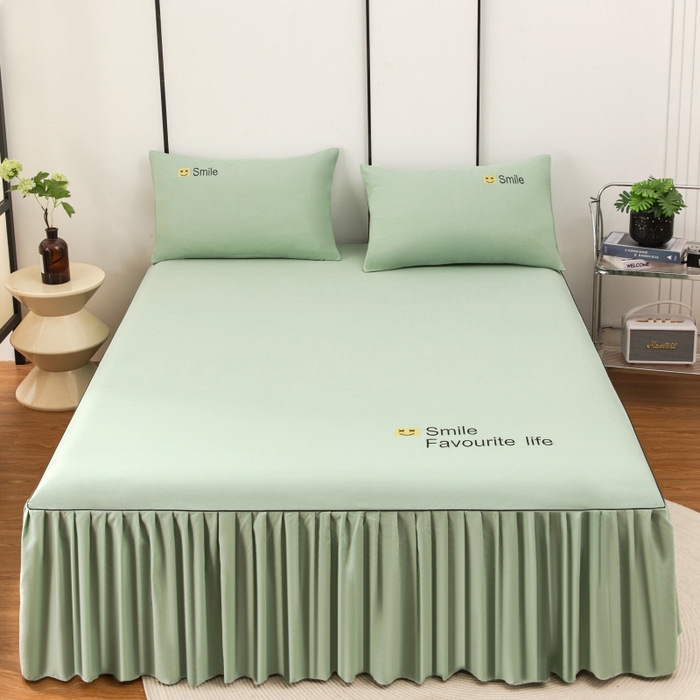 91家纺网 家纺一手货源 找家纺 笠裙家纺 2025新款110克微笑款单床裙轻奢款单床裙简约单床裙绣花单床裙 微笑-抹茶