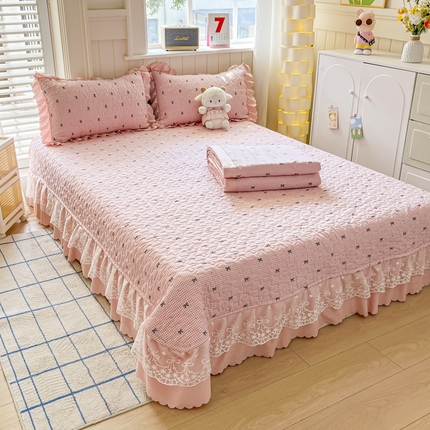 雅眠居 2025新款直播针织棉双层纱夏被床盖四件套空调夏凉被单件三件套 粉格蝴蝶结