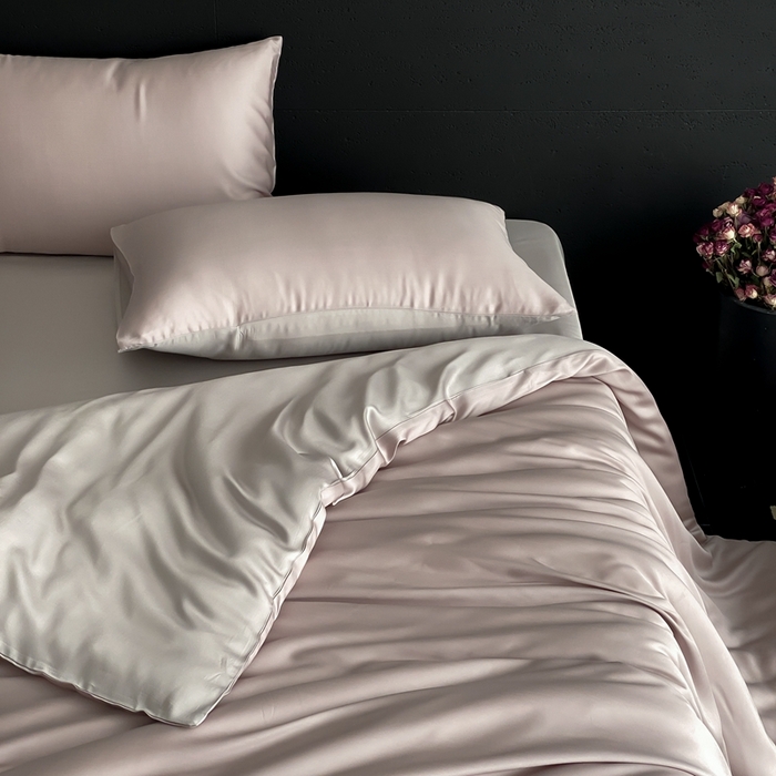 91家纺网 家纺一手货源 找家纺 禾时 2025新款60支兰精天丝轻奢纯色双拼四件套 夜影凝香-霜华银