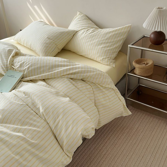 91家纺网 家纺一手货源 找家纺 水洗的故事 2025新款全棉色织水洗棉四件套 简序-米黄