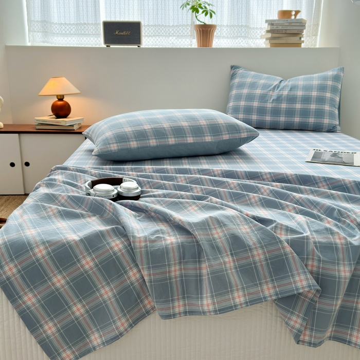 91家纺网 家纺一手货源 找家纺 2025新款水洗棉单床单 柔光格蓝