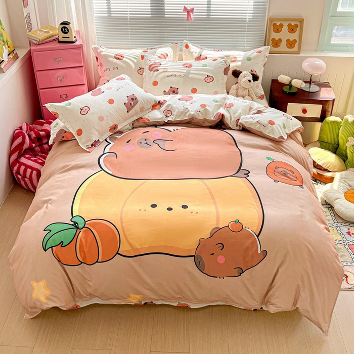 91家纺网 家纺一手货源 找家纺 KT猫直营店 2025新款加厚斜纹磨毛大版四件套 南瓜卡皮巴拉