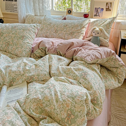 91家纺网 家纺一手货源 找家纺 （总）一比一 2025新款云感皱皱双层纱四件套-简单款