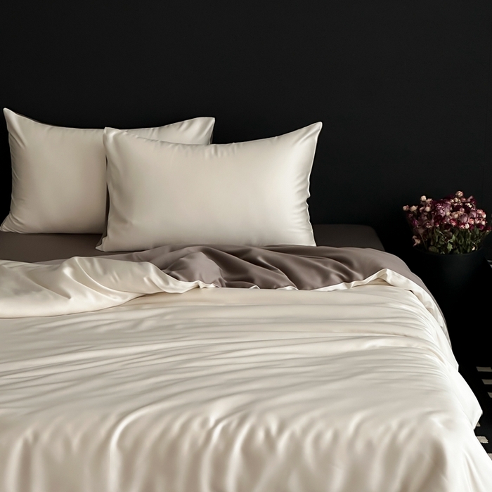 91家纺网 家纺一手货源 找家纺  禾时 2025新款60支兰精天丝轻奢纯色双拼四件套 乳蛋白-冷岩灰