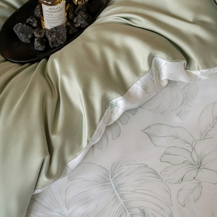 91家纺网 家纺一手货源 找家纺 咏绒家纺工厂店 2025新款60S奥地利兰精天丝数码印花暗合简约款系列四件套 叶影-绿