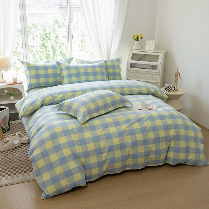 91家纺网 家纺一手货源 找家纺 木易家居 2025新款全棉色织水洗棉四件套 兰黄大格