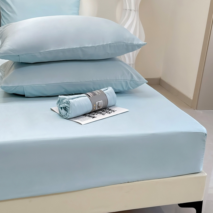 91家纺网 家纺一手货源 找家纺 兜米家居 2025新款床笠A类水洗真丝床笠三件套 冰蓝