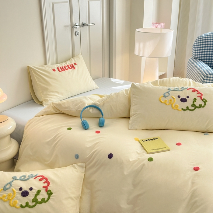 91家纺网 家纺一手货源 找家纺 锦觅2025新款奶油小清新毛巾绣全棉纯棉四件套（专版花型必须控价） 彩虹波点