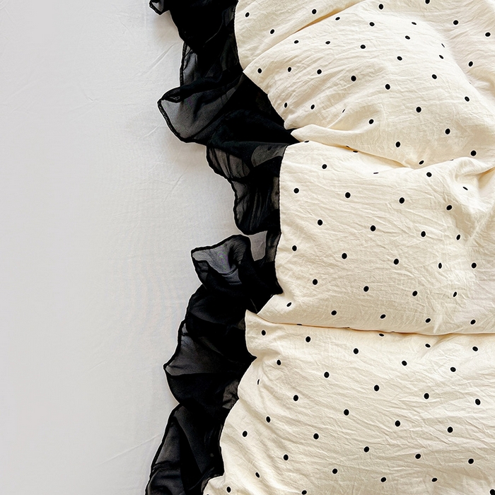 91家纺网 家纺一手货源 找家纺 艾橙 2025新款法式赫本风水洗棉印花雪纺花边单被套 点点爱