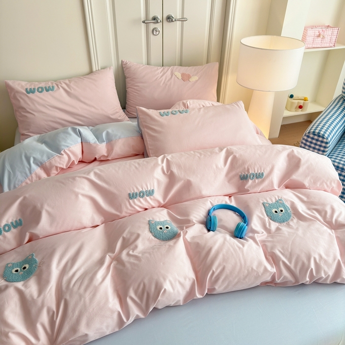 91家纺网 家纺一手货源 找家纺 锦觅2025新款奶油小清新毛巾绣全棉纯棉四件套（专版花型必须控价） 甜心小猫