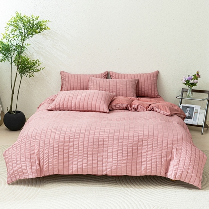 恩和家纺 2025新款条纹立体泡泡纱亲肤棉四件套 豆沙粉