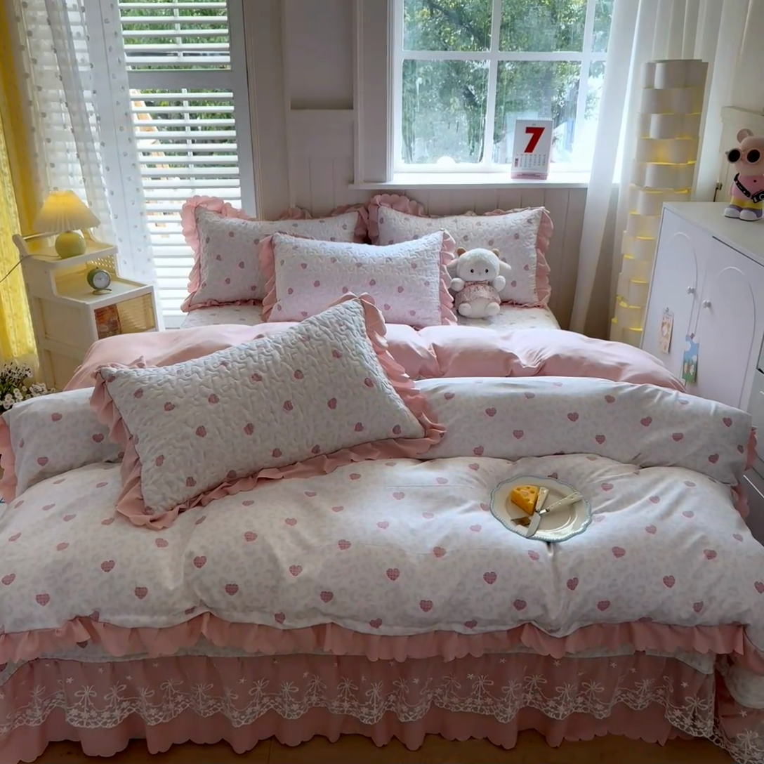 91家纺网 家纺一手货源 找家纺 雅眠居 2025新款直播针织棉双层纱夏被床盖四件套空调夏凉被单件三件套 爱心粉