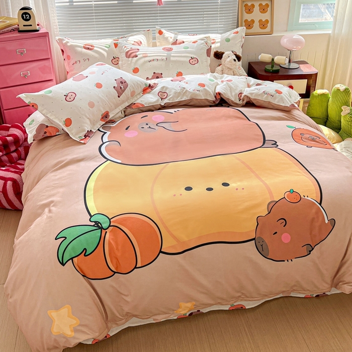 91家纺网 家纺一手货源 找家纺 KT猫直营店 2025新款加厚斜纹磨毛大版四件套 南瓜卡皮巴拉