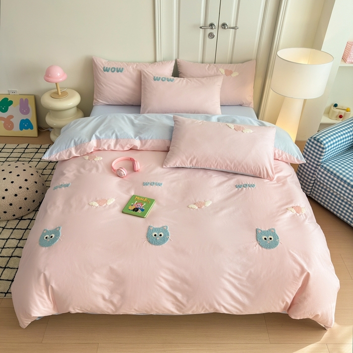 91家纺网 家纺一手货源 找家纺 锦觅2025新款奶油小清新毛巾绣全棉纯棉四件套（专版花型必须控价） 甜心小猫