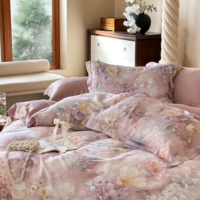 91家纺网 家纺一手货源 找家纺 2025新款60S奥地利兰精天丝数码印花宽边压线系列四件套 莫丽花园-紫