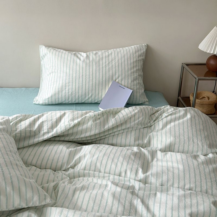 91家纺网 家纺一手货源 找家纺 水洗的故事 2025新款全棉色织水洗棉四件套 简序-蓝