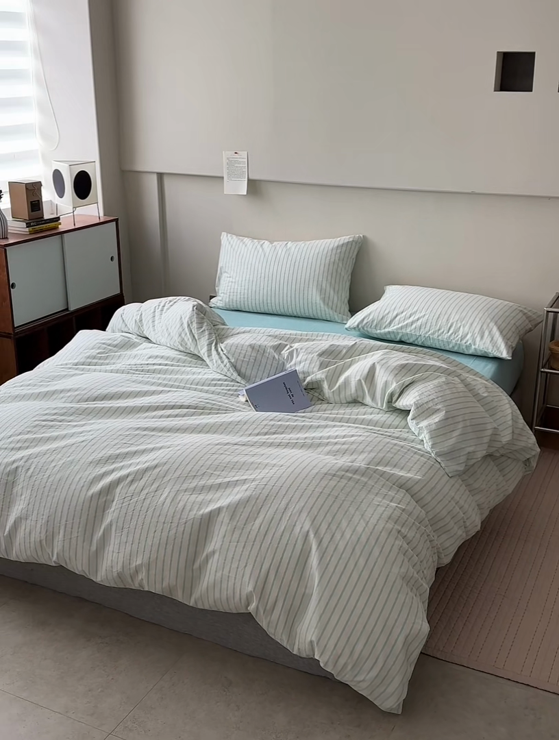 91家纺网 家纺一手货源 找家纺 水洗的故事 2025新款全棉色织水洗棉四件套 简序-蓝