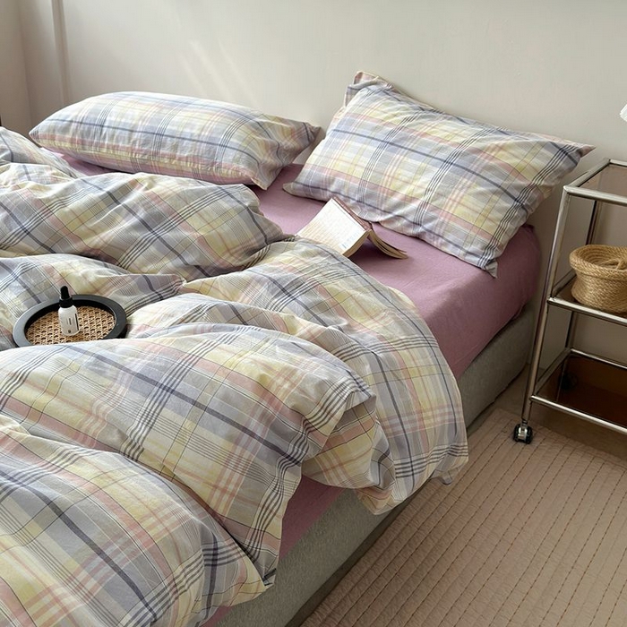 91家纺网 家纺一手货源 找家纺 水洗的故事 2025新款全棉色织水洗棉四件套 紫韵粉格