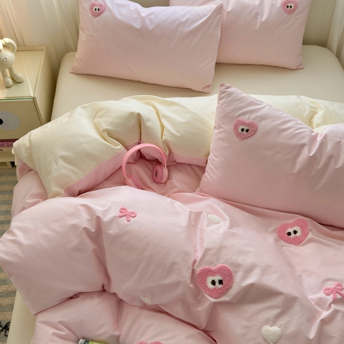 91家纺网 家纺一手货源 找家纺 锦觅2025新款奶油小清新毛巾绣全棉纯棉四件套（专版花型必须控价） 大眼爱心