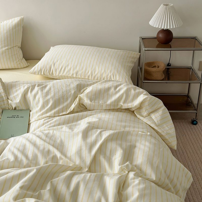 91家纺网 家纺一手货源 找家纺 水洗的故事 2025新款全棉色织水洗棉四件套 简序-米黄