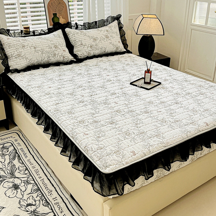 91家纺网 家纺一手货源 找家纺 艾橙家纺2025新款法式赫本风水洗棉印花雪纺花边单床笠 素馨花恋