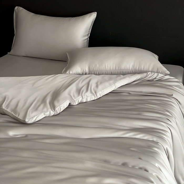 91家纺网 家纺一手货源 找家纺 禾时 2025新款60支兰精天丝轻奢纯色双拼四件套 云纱灰