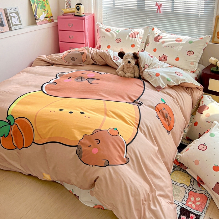 91家纺网 家纺一手货源 找家纺 KT猫直营店 2025新款加厚斜纹磨毛大版四件套 南瓜卡皮巴拉