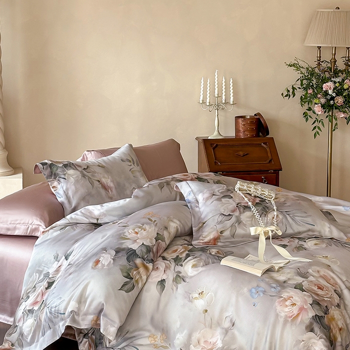 91家纺网 家纺一手货源 找家纺 2025新款60S奥地利兰精天丝数码印花宽边压线系列四件套 倾城-豆沙