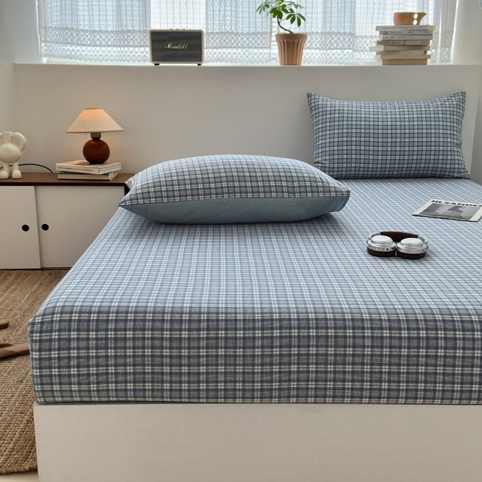 91家纺网 家纺一手货源 找家纺 2025新款水洗棉单床单 简约格蓝