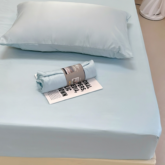 91家纺网 家纺一手货源 找家纺 兜米家居 2025新款床笠A类水洗真丝床笠三件套 冰蓝