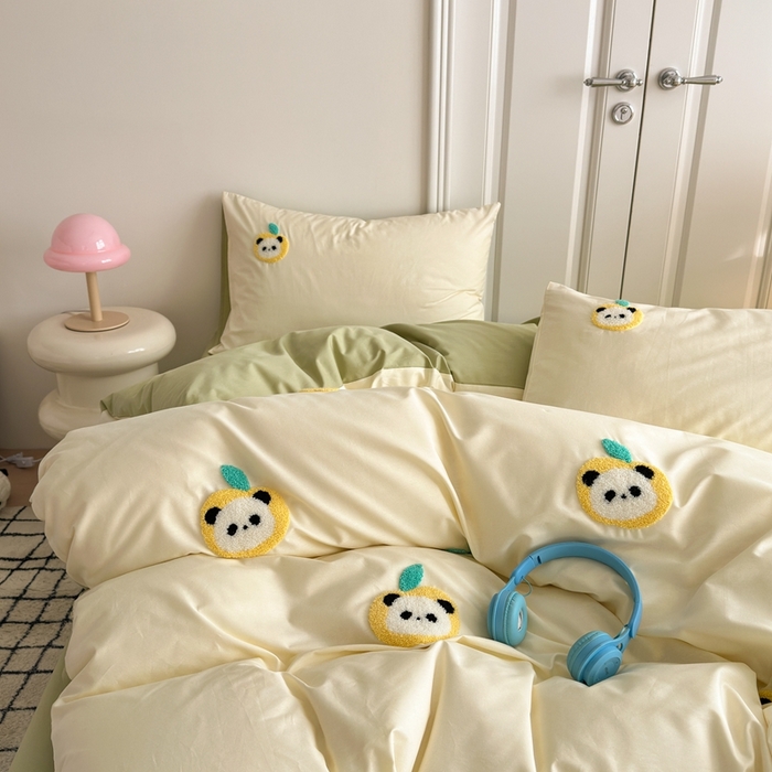 91家纺网 家纺一手货源 找家纺 锦觅2025新款奶油小清新毛巾绣全棉纯棉四件套（专版花型必须控价） 苹果熊猫