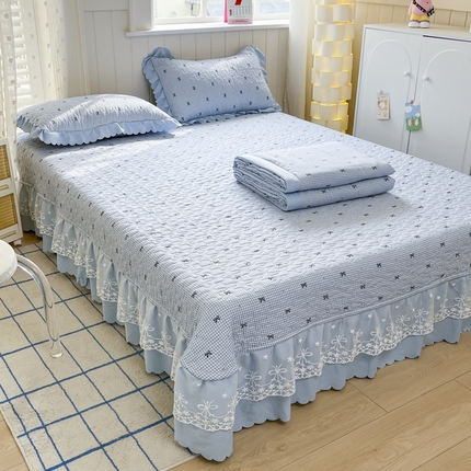 雅眠居 2025新款直播针织棉双层纱夏被床盖四件套空调夏凉被单件三件套 蓝格蝴蝶结