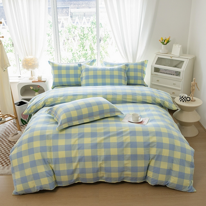 91家纺网 家纺一手货源 找家纺 木易家居 2025新款全棉色织水洗棉四件套 兰黄大格