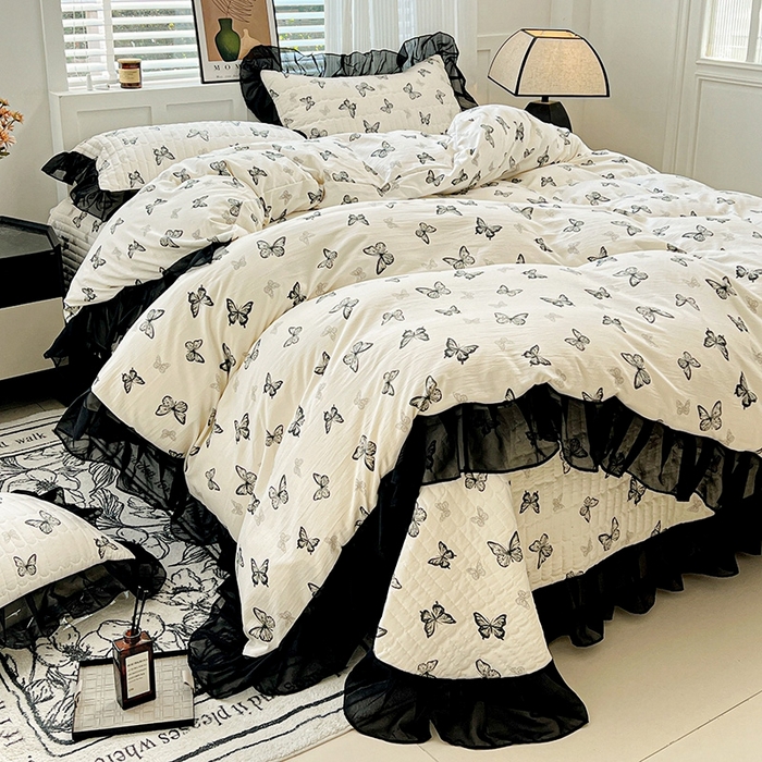 91家纺网 家纺一手货源 找家纺 （总）艾橙 2025新款法式赫本风水洗棉印花雪纺花边单被套