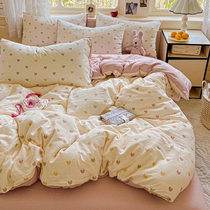 91家纺网 家纺一手货源 找家纺 一比一 2025新款云感皱皱双层纱四件套 小桃运