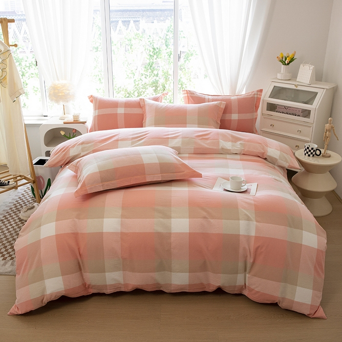 91家纺网 家纺一手货源 找家纺 木易家居 2025新款全棉色织水洗棉四件套 米夕玉大格