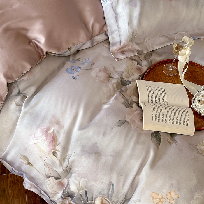 91家纺网 家纺一手货源 找家纺 2025新款60S奥地利兰精天丝数码印花宽边压线系列四件套 倾城-豆沙