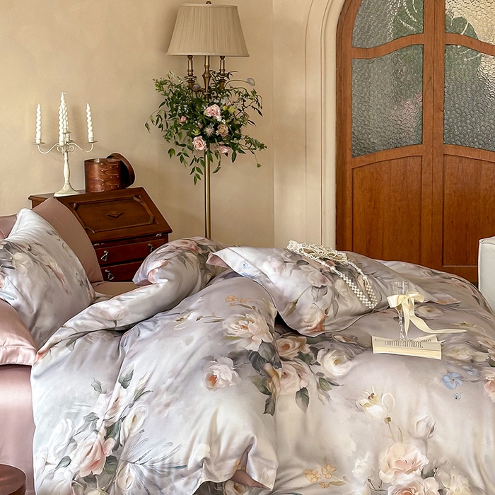 91家纺网 家纺一手货源 找家纺 2025新款60S奥地利兰精天丝数码印花宽边压线系列四件套 倾城-豆沙