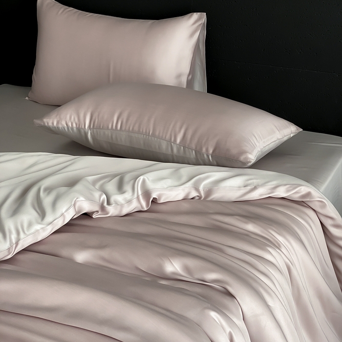 91家纺网 家纺一手货源 找家纺 禾时 2025新款60支兰精天丝轻奢纯色双拼四件套 夜影凝香-霜华银