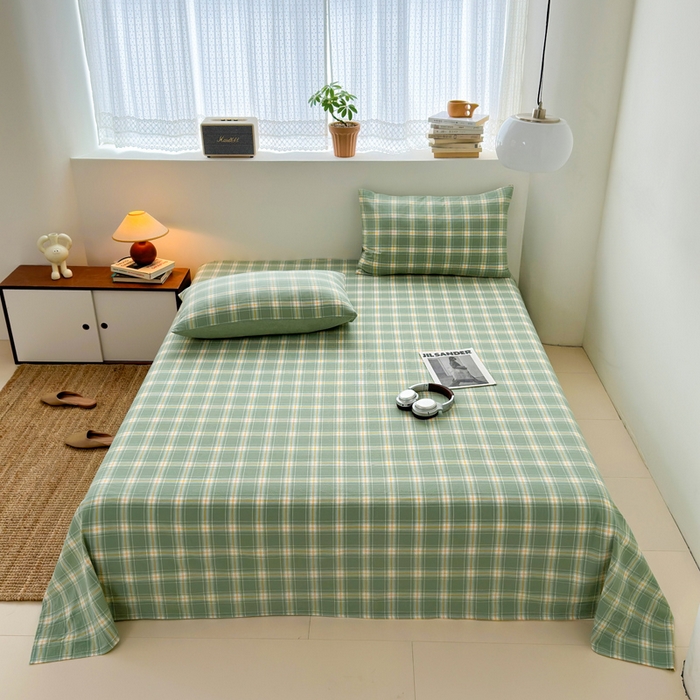 91家纺网 家纺一手货源 找家纺 2025新款水洗棉单床单 柔光格绿