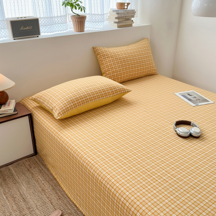 91家纺网 家纺一手货源 找家纺 2025新款水洗棉单床单 简约格黄