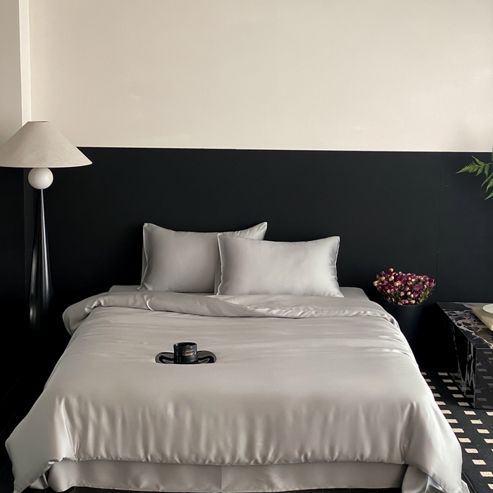 91家纺网 家纺一手货源 找家纺 禾时 2025新款60支兰精天丝轻奢纯色双拼四件套 云纱灰