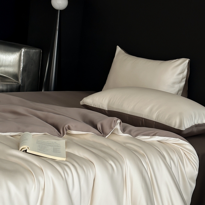 91家纺网 家纺一手货源 找家纺  禾时 2025新款60支兰精天丝轻奢纯色双拼四件套 乳蛋白-冷岩灰