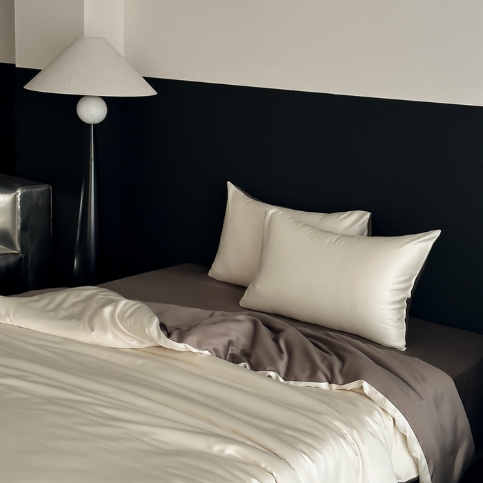 91家纺网 家纺一手货源 找家纺  禾时 2025新款60支兰精天丝轻奢纯色双拼四件套 乳蛋白-冷岩灰